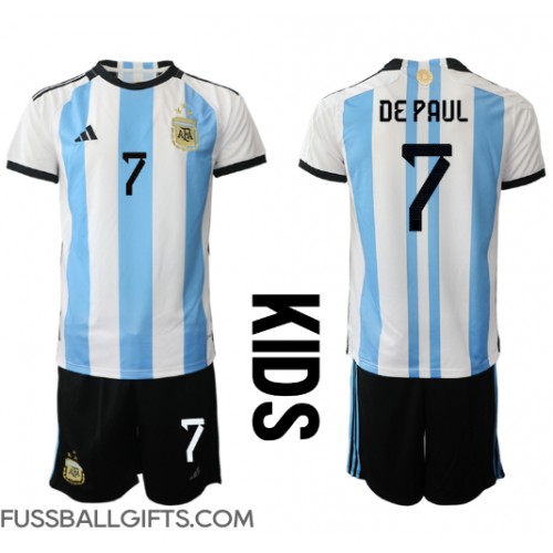 Argentinien Rodrigo de Paul #7 Fußballbekleidung Heimtrikot Kinder WM 2022 Kurzarm (+ kurze hosen)